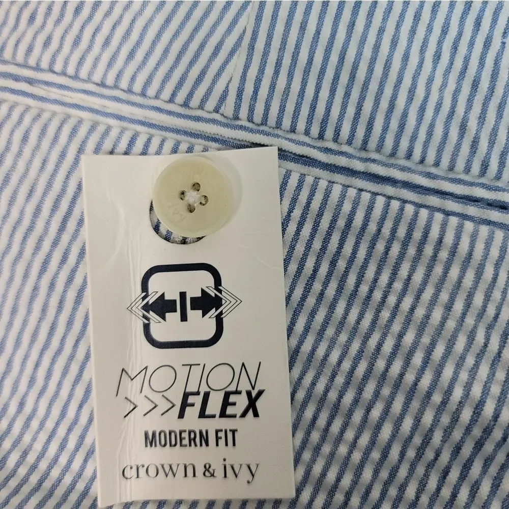 Crown & Ivy Seersucker Mens Modern Fit Pant Size 34W × 32L Blue White Striped